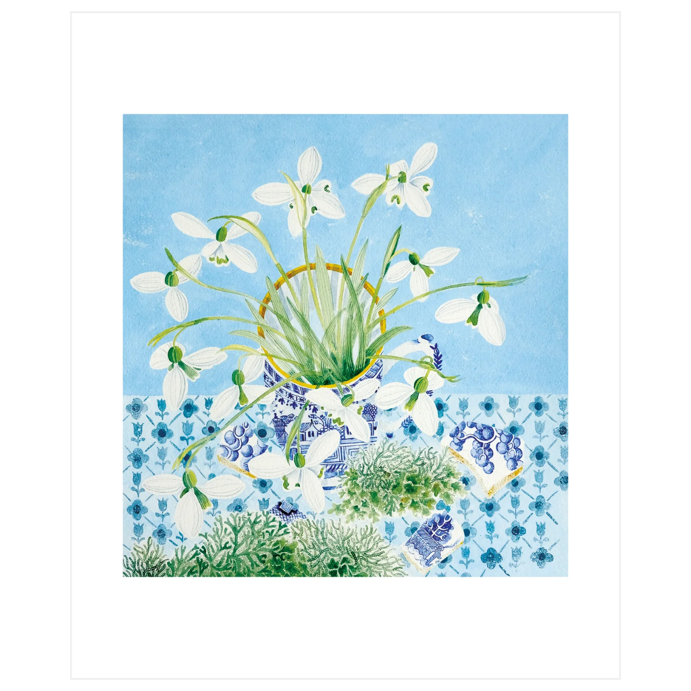 Decorative card with snowdrops, green lichen, a blue and white vase, and blue patterns on a light blue background