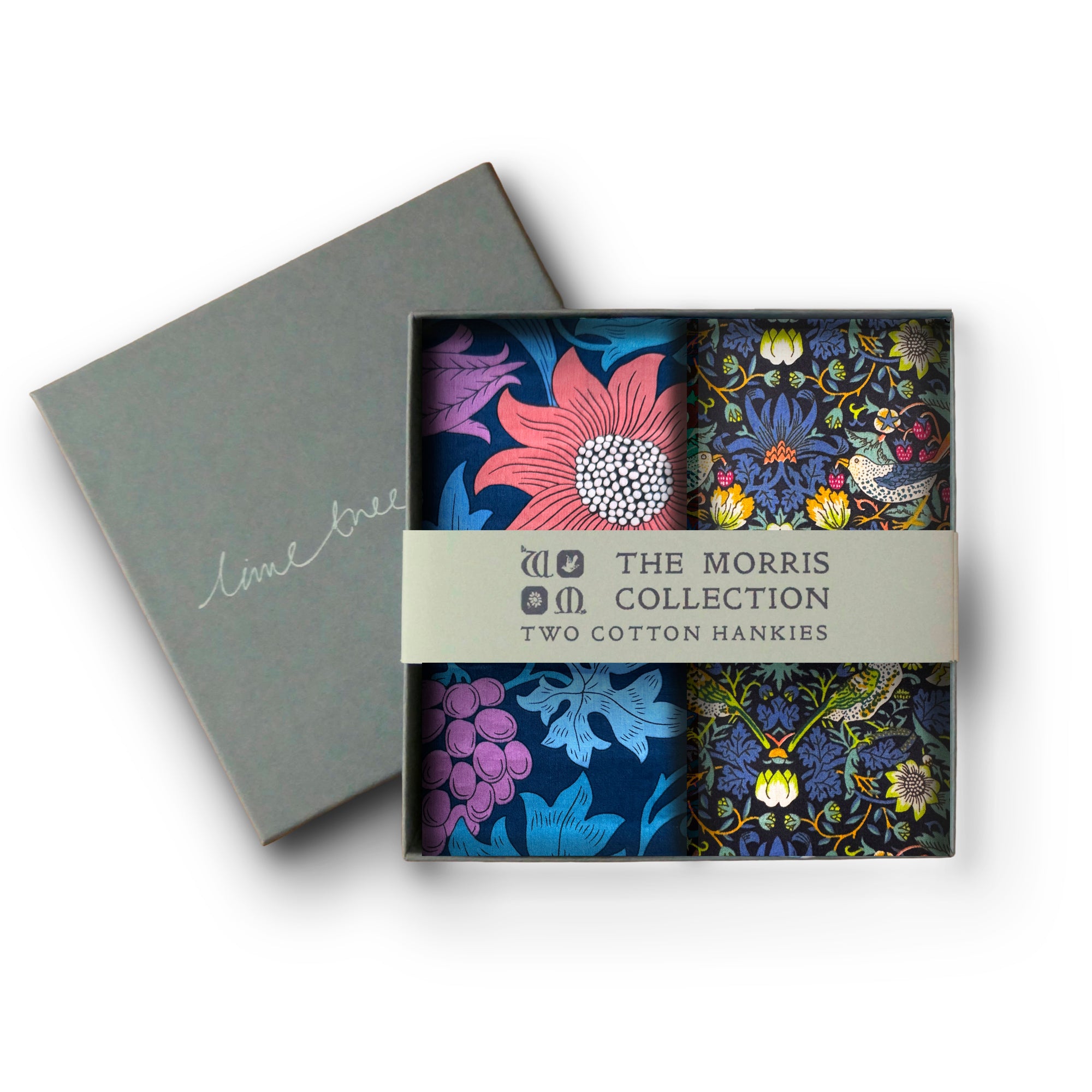 Two floral cotton hankies in a box labeled 'The Morris Collection' on a white background.
