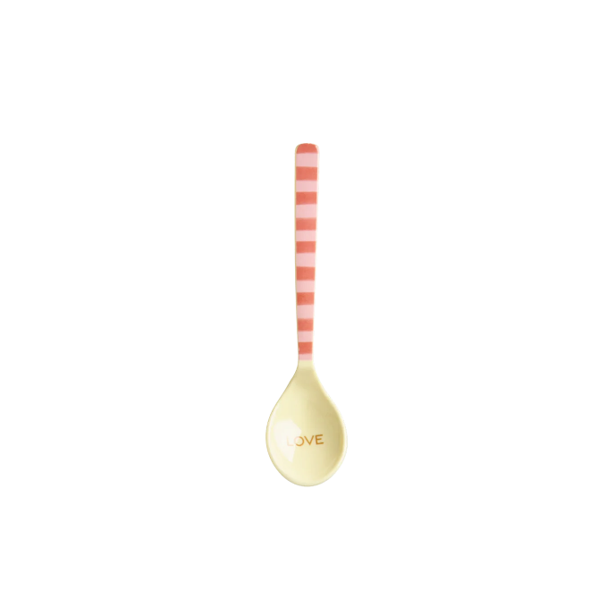 Spoon with striped handle and 'LOVE' on a white background