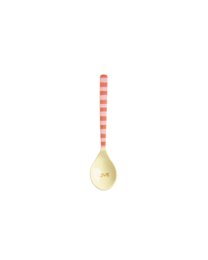 Spoon with striped handle and 'LOVE' on a white background