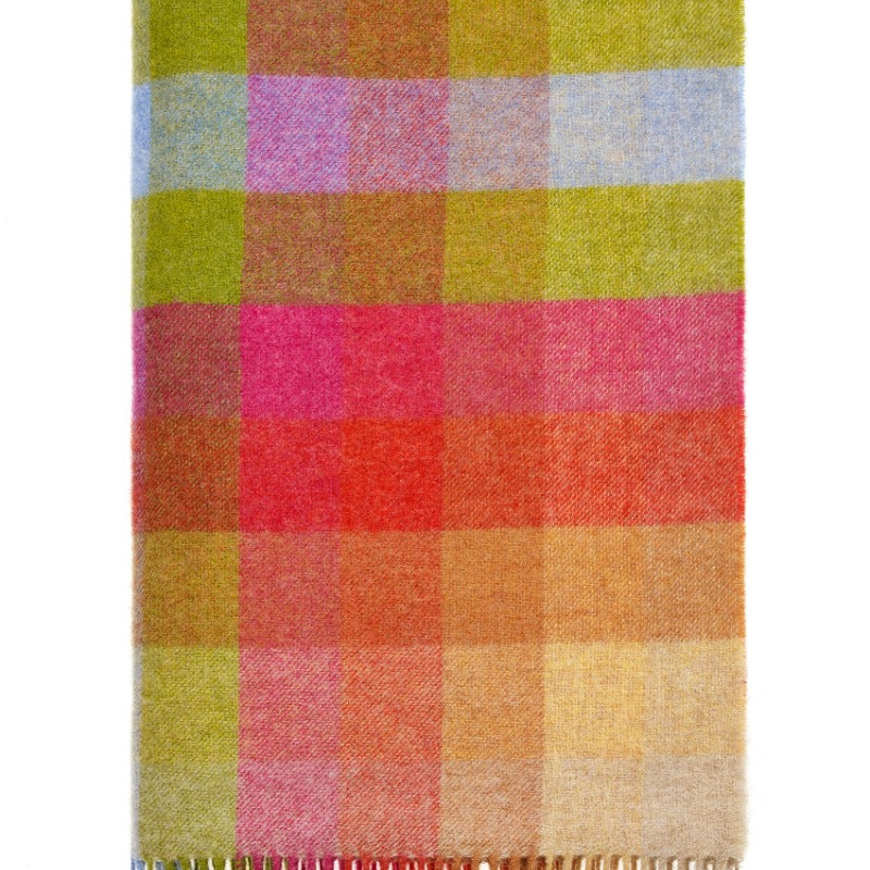 Multicolored checkered blanket with fringes on a white background