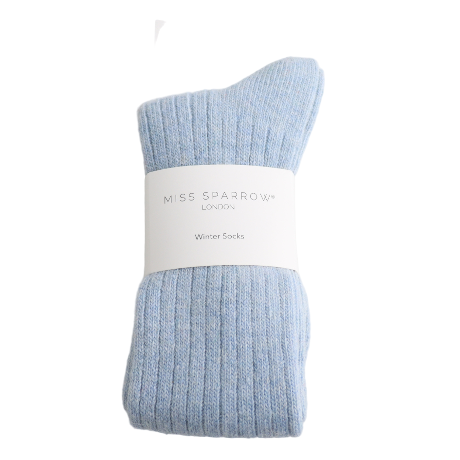 Pack of blue winter socks with 'Miss Sparrow London' label on a white background