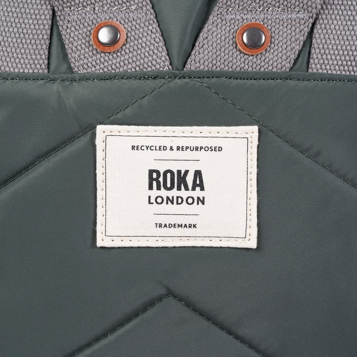 Close up of a Roka London label on a green bag