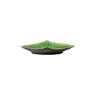 Decorative dish with green moss-like material on a white background