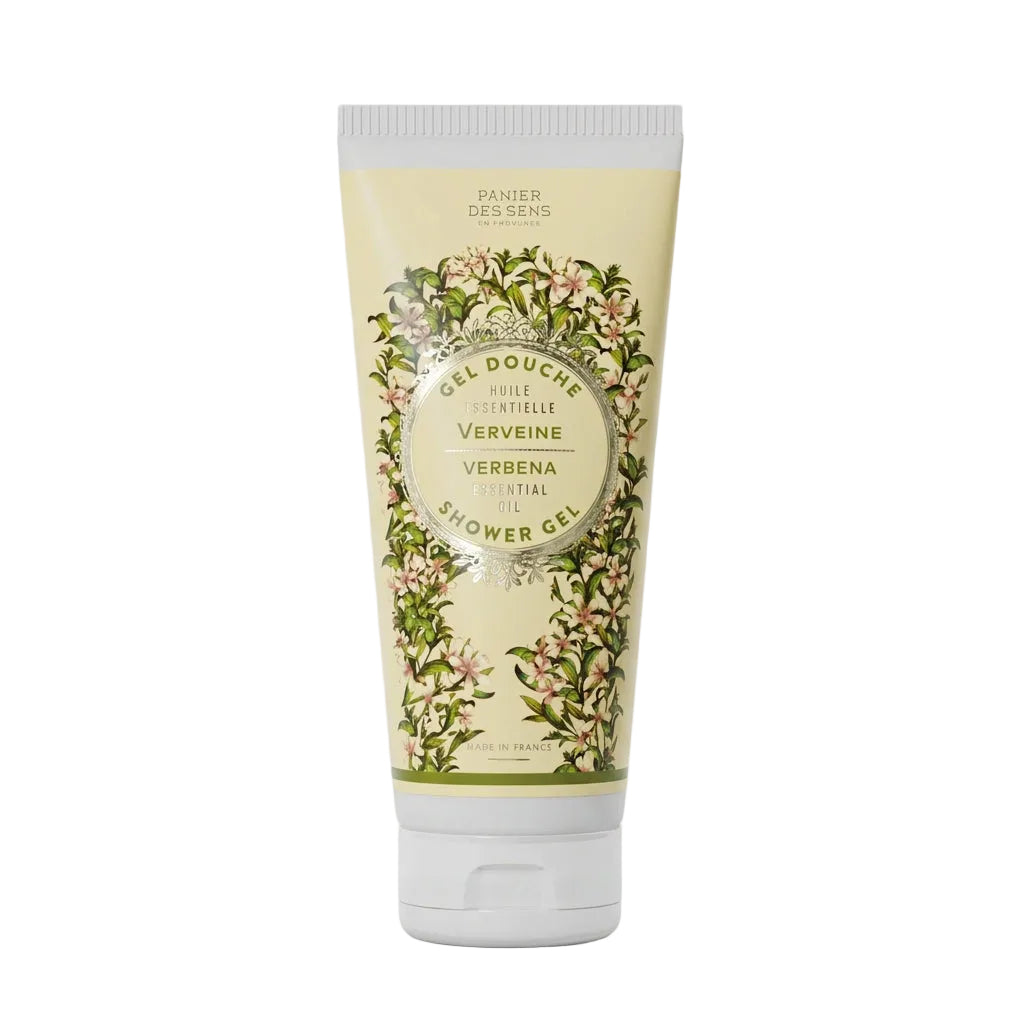 Shower gel packaging with verbena design and purple flowers on a white background