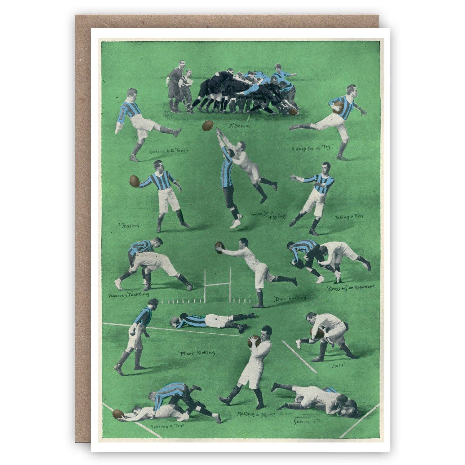 Vintage-style card with illustrations of rugby players in action on a green field
