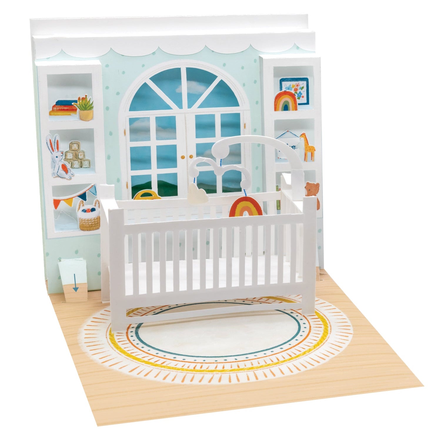 Children's room with a crib, bookshelf, and toys on a white background