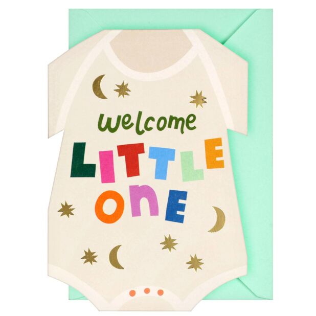 Baby onesie with 'Welcome Little One' text on a green card