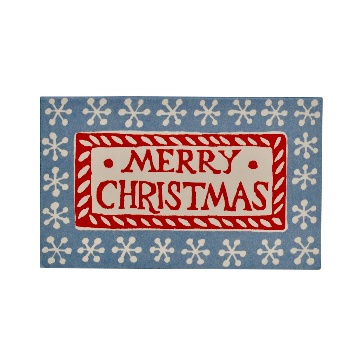 Christmas-themed doormat with 'Merry Christmas' text and snowflake patterns on a blue background