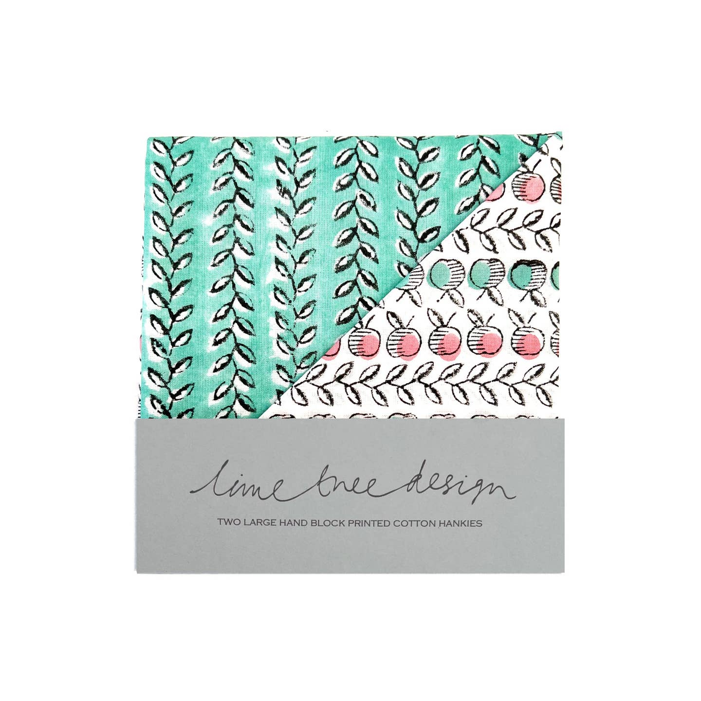 Pack of two hand block printed cotton handkerchiefs with leaf and fruit patterns, branded 'lime tree design'.