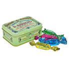 Vintage-style candy tin with colorful wrapped candies on a white background