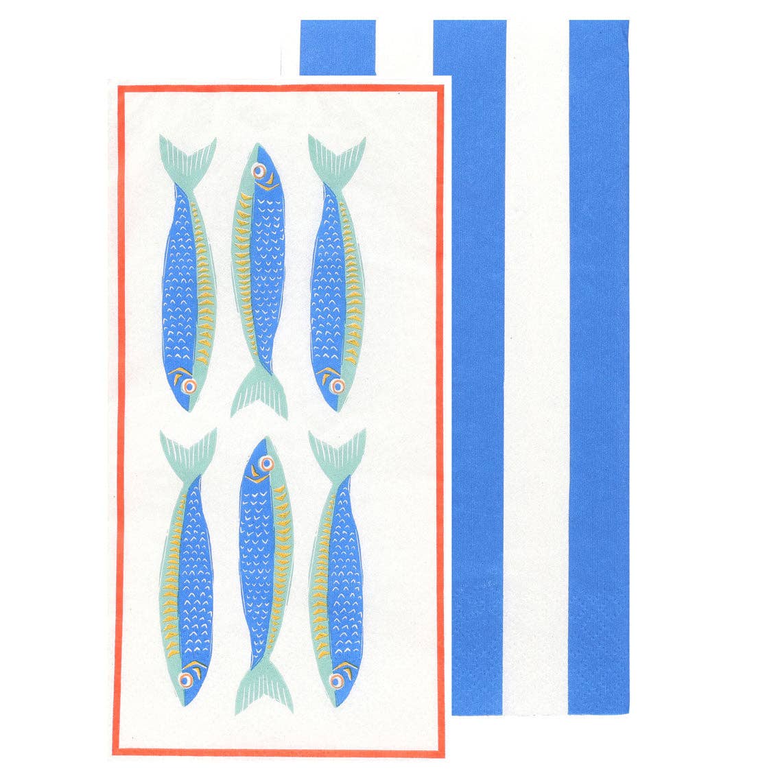 paper napkin with blue fish illustrations on a white background