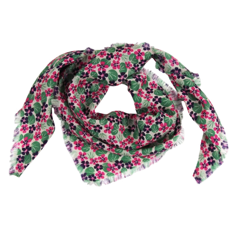 A lightweight square scarf with a dense floral print featuring pink and purple flowers, green leaves, and dark purple berries on a white background with fringed edges.