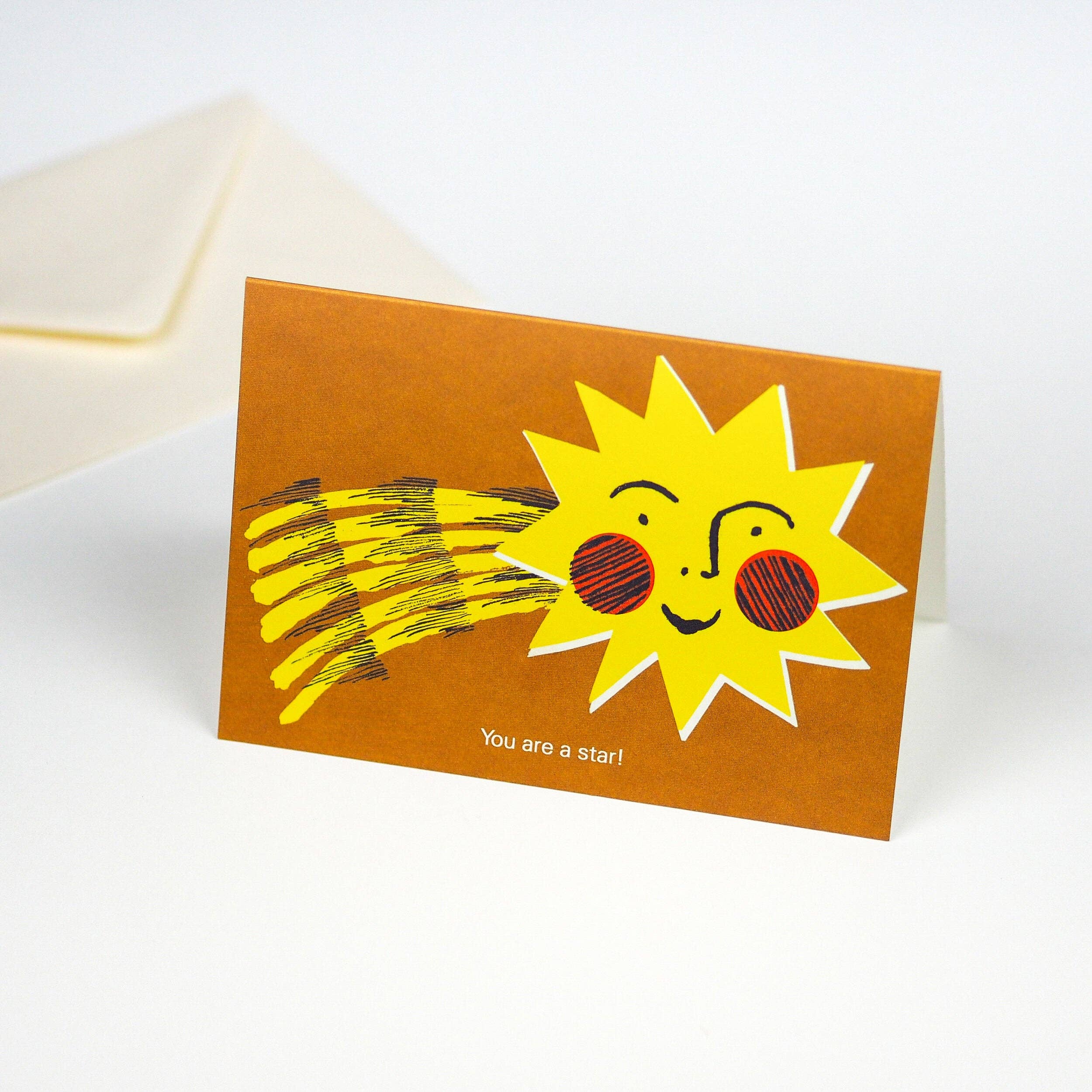 Card with a smiling sun illustration and 'You are a star!' text on an orange background.