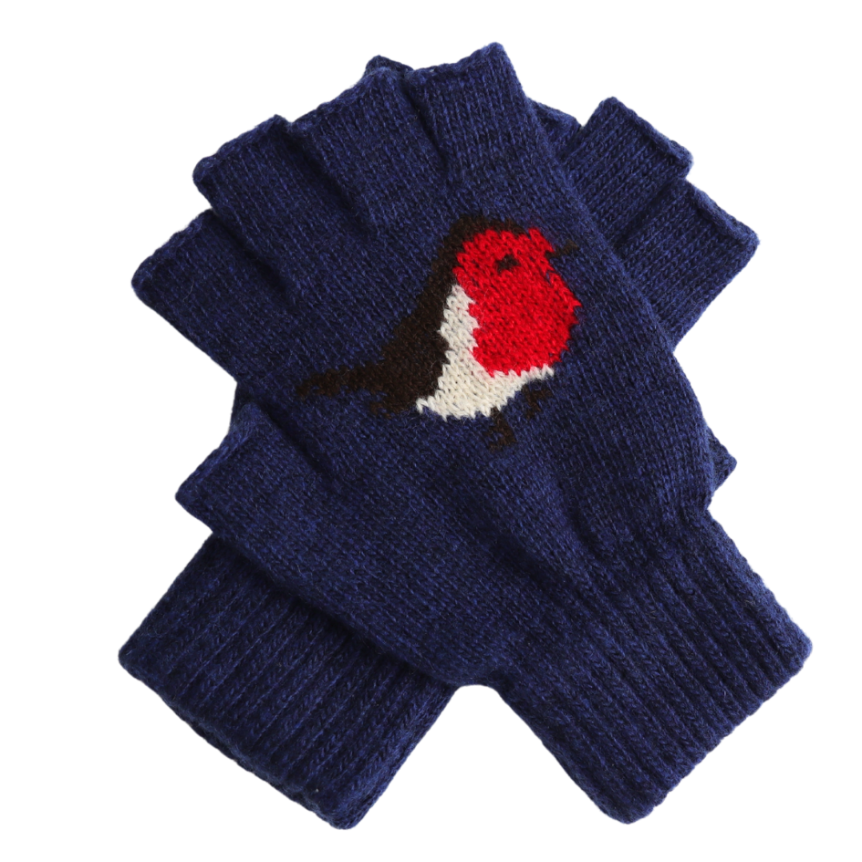 A pair of navy blue knit fingerless gloves featuring a knitted robin bird design on the back of one glove, set against a plain white background.