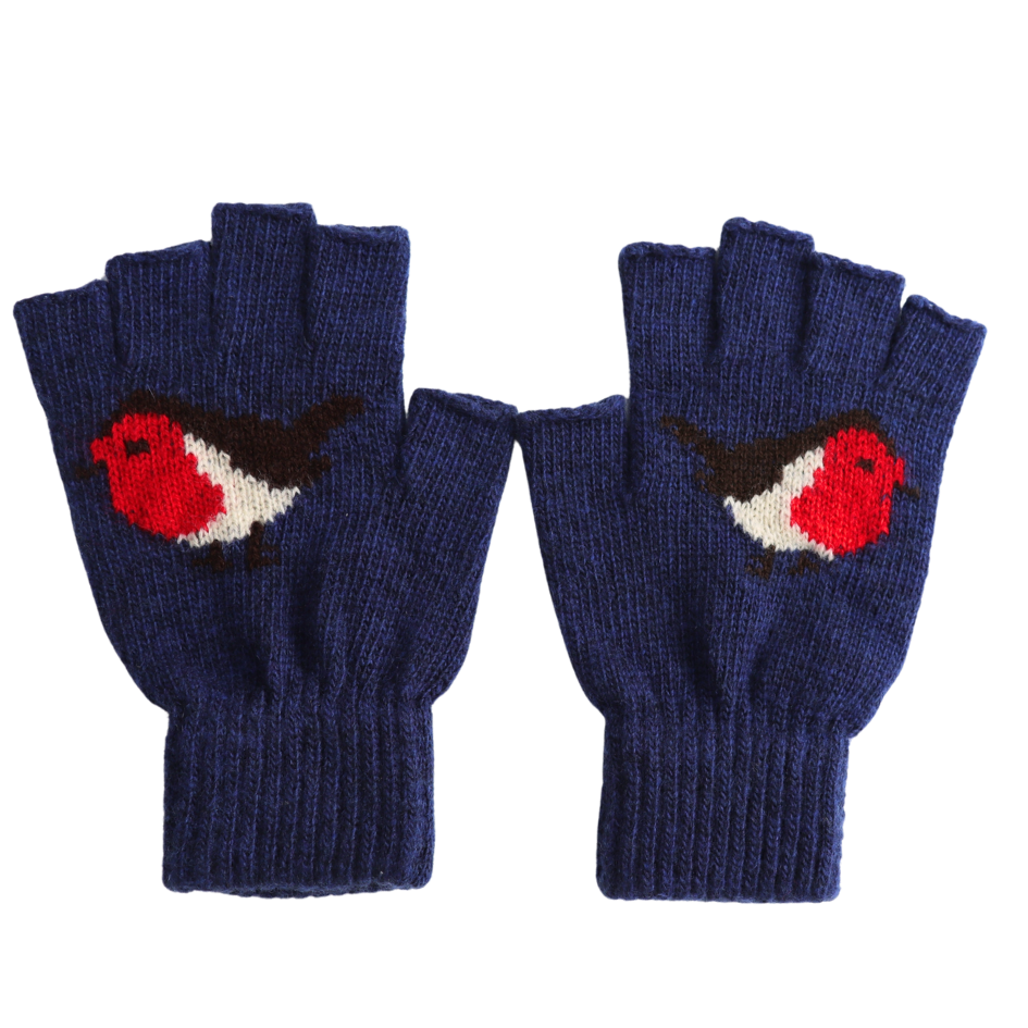 A pair of navy blue knit fingerless gloves with a knitted robin bird design on the back of each hand, shown against a plain white background.