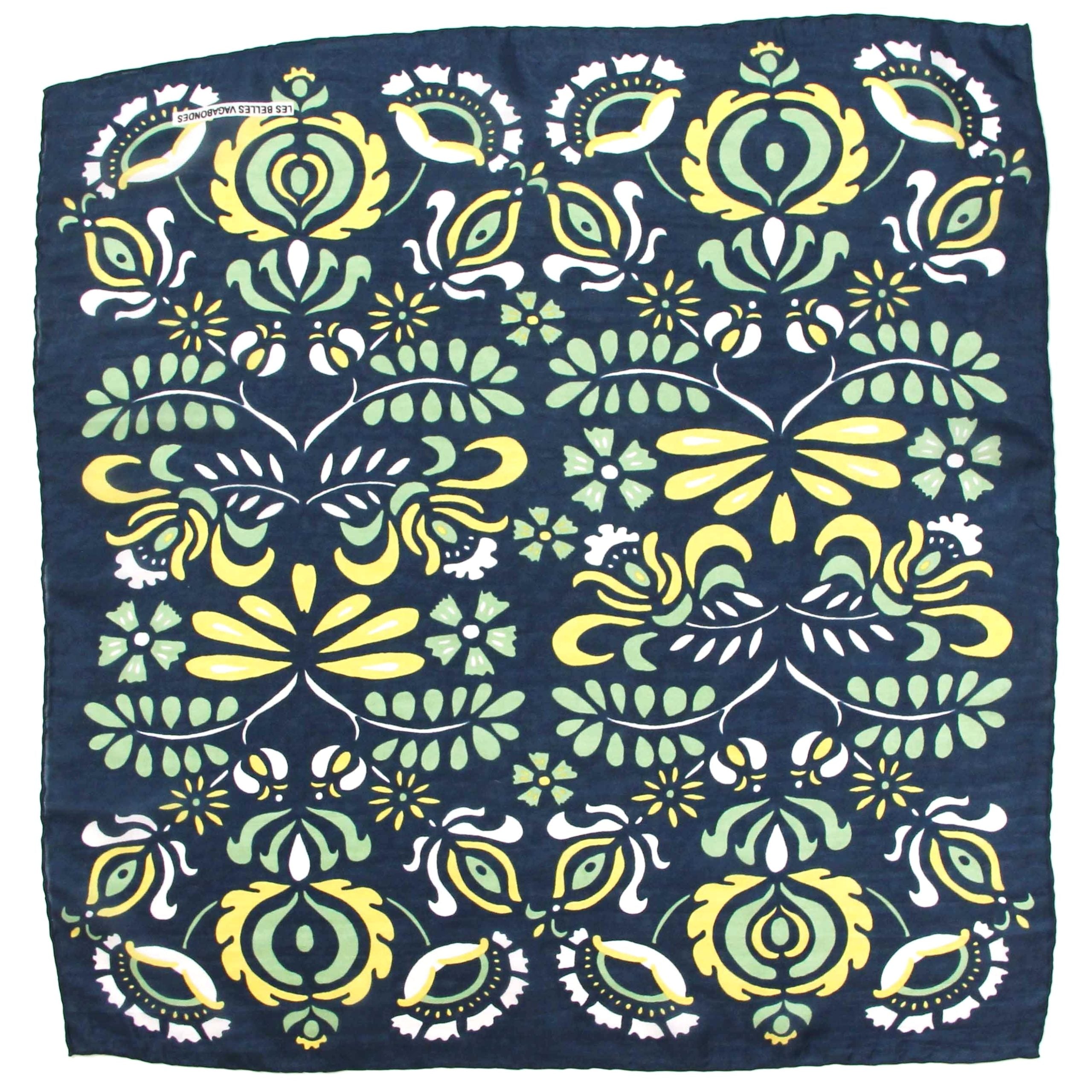 Navy blue fabric with green, yellow, and white floral pattern