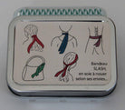 Metal tin with illustrations of scarves and bandages on a white background