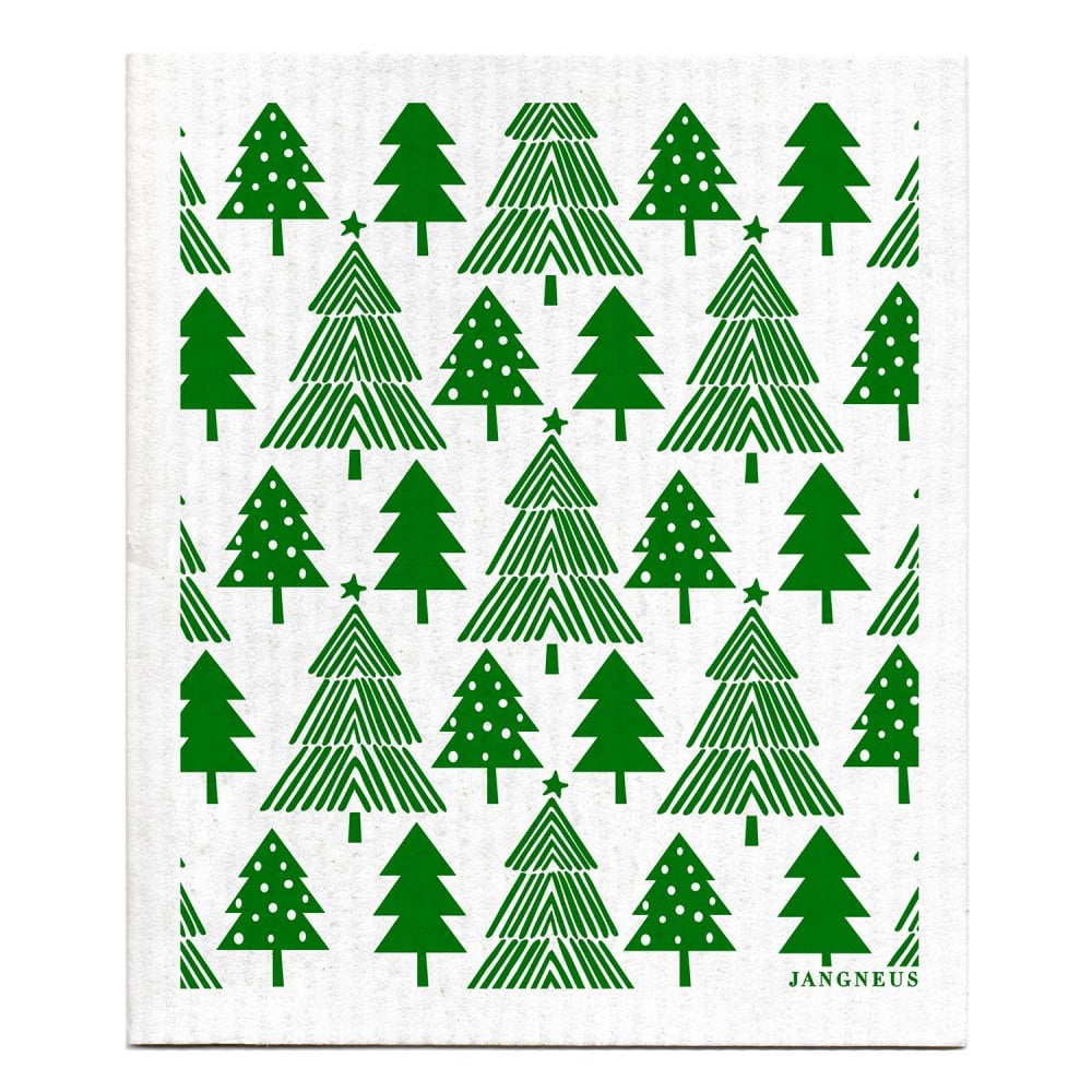 White cloth with green Christmas tree pattern and 'Jangneus' branding