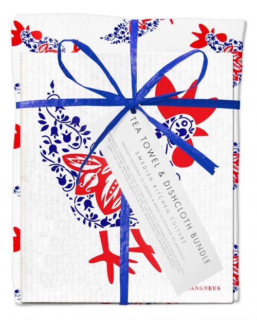 Tea towel and dishcloth bundle with red and blue patterns on a white background