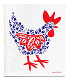 Dishcloth with red and blue rooster design on a white background