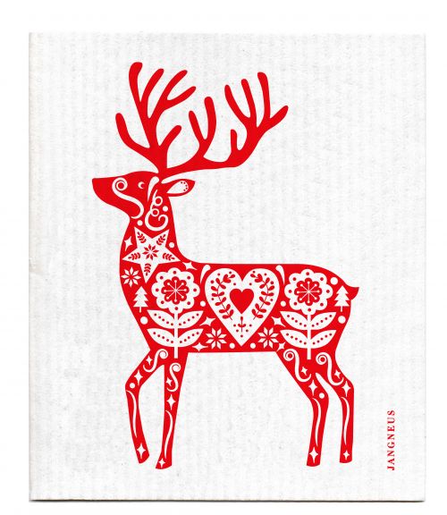 Red deer with floral patterns on a white background, featuring the brand 'JANUS'.