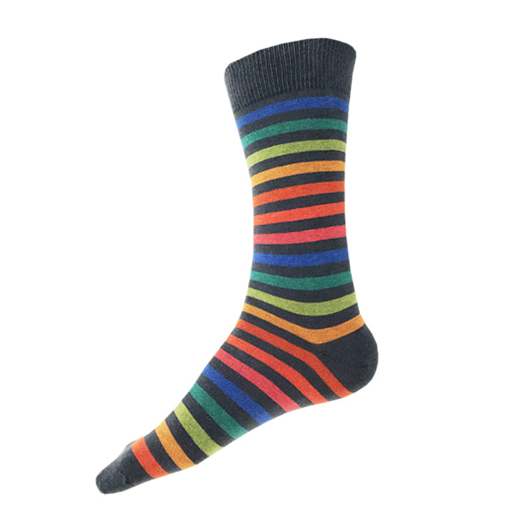 A single crew sock with horizontal rainbow-colored stripes on a dark charcoal base, shown against a plain white background.