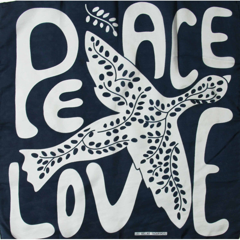 Navy blue fabric with white 'PEACE LOVE' text and starfish design.