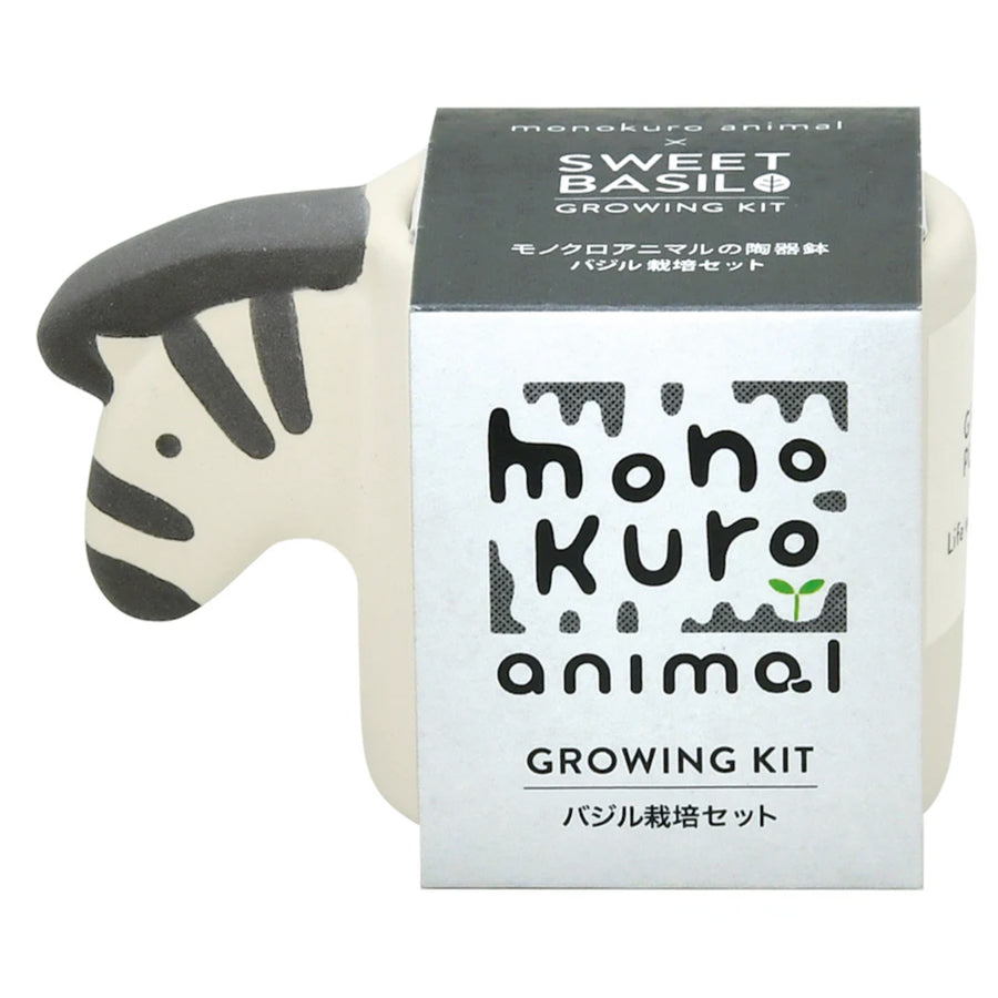 Zebra-shaped container with 'monoKuro animal' growing kit packaging on a white background