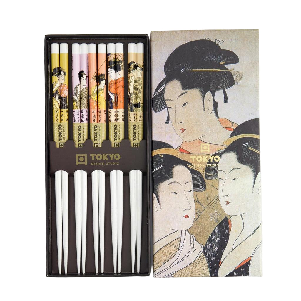 Set of chopsticks with artistic packaging featuring traditional Japanese women.