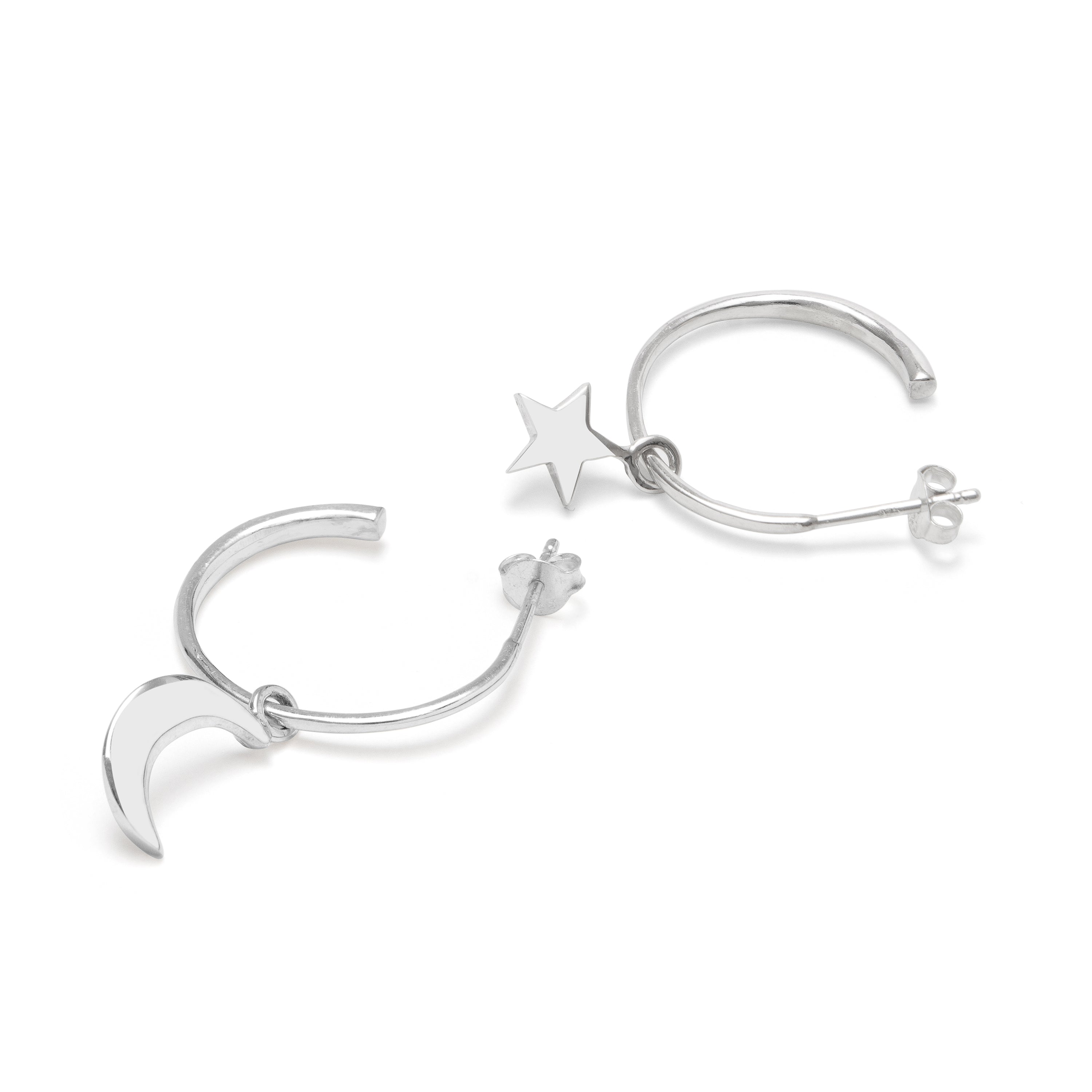Half Hoop Earrings with Moon and Star Sterling Silver