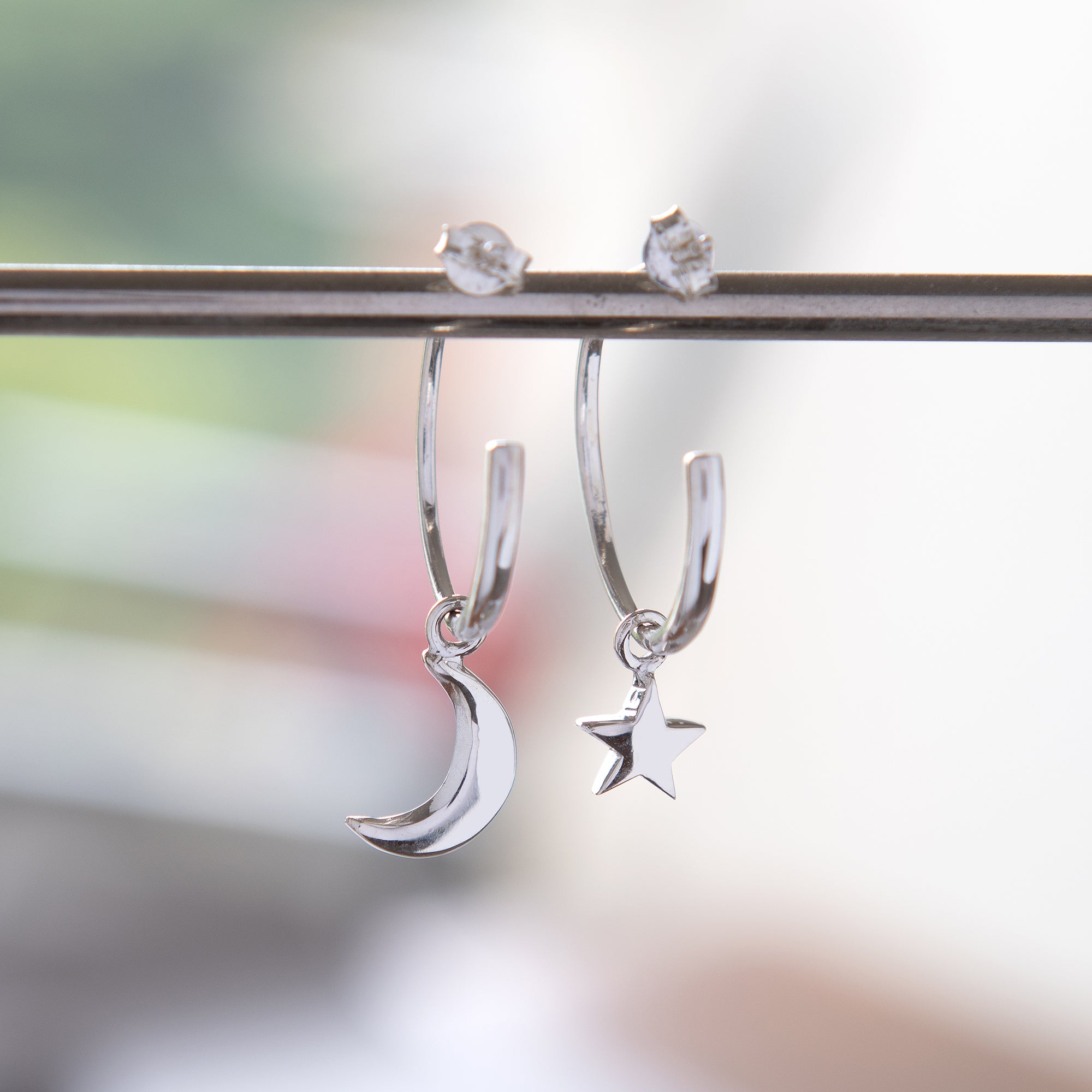 Half Hoop Earrings with Moon and Star Sterling Silver