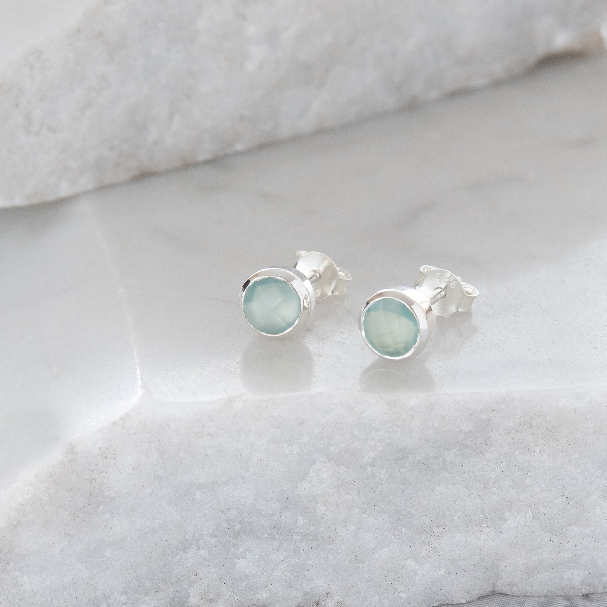 Birthstone Stud Earrings March: Aqua and Sterling Silver