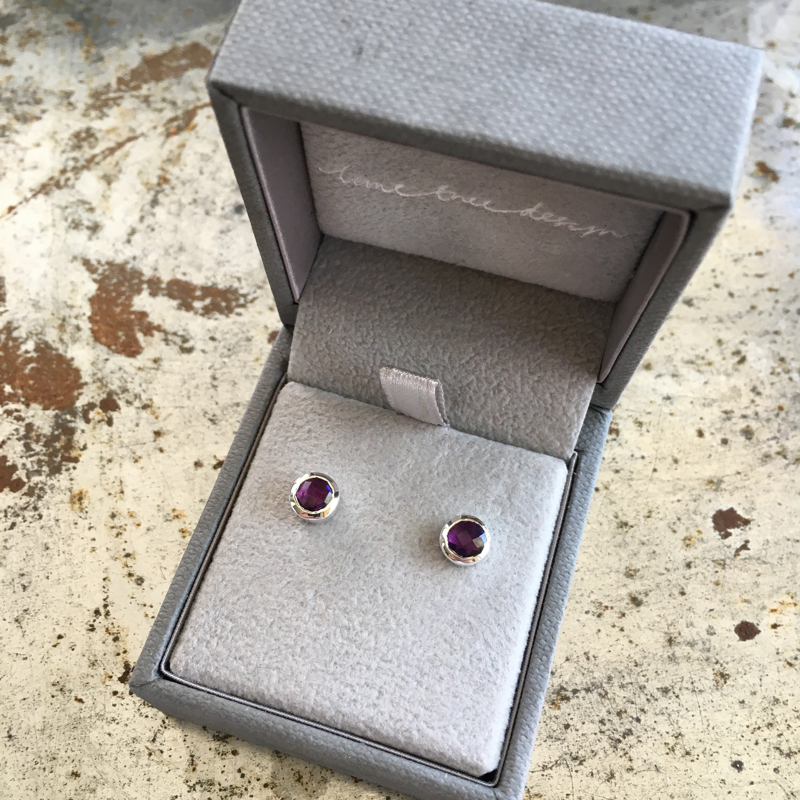 Birthstone Stud Earrings February: Amethyst and Sterling Silver