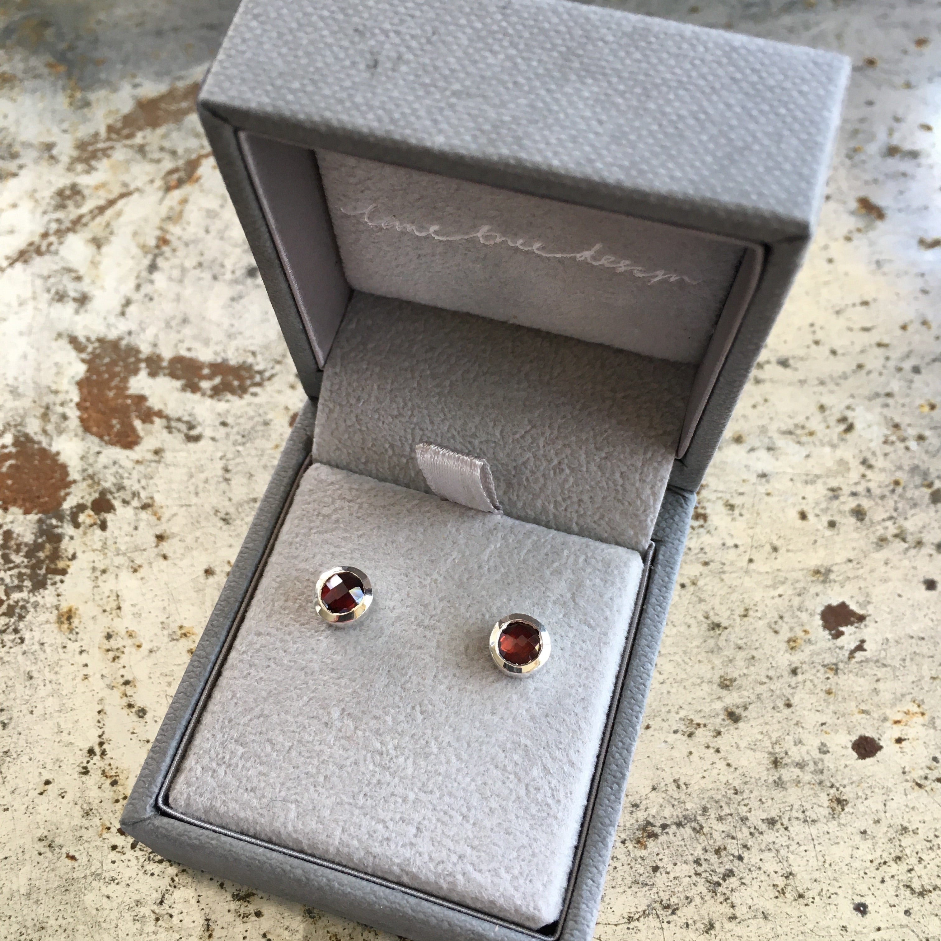 Birthstone Stud Earrings January: Garnet and Sterling Silver