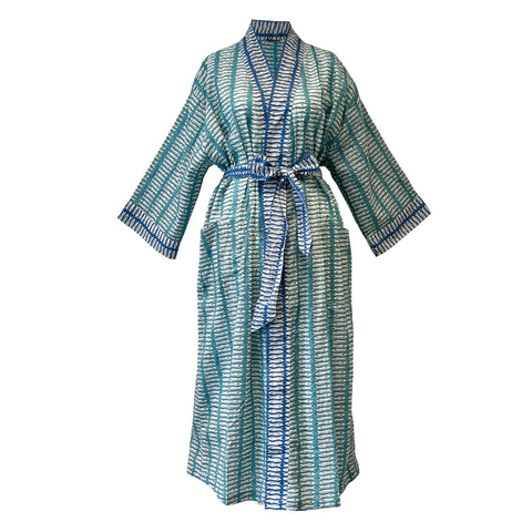 Full Length Cotton Kimono - Turquoise & Blue Fish