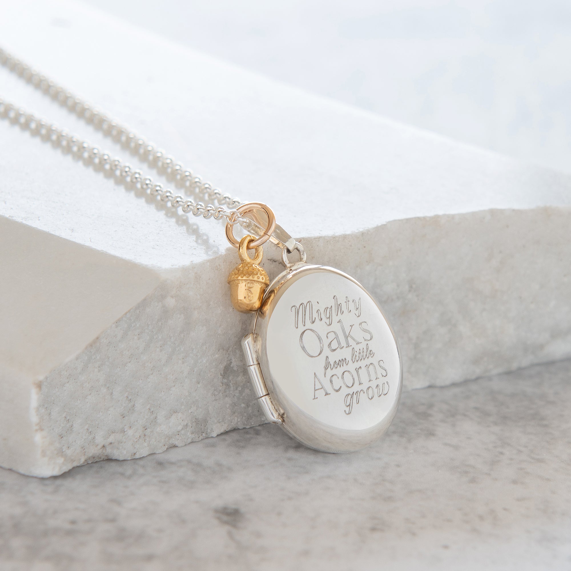 Personalised 'Mighty oaks from little acorns grow' Oval Locket Necklace Sterling Silver