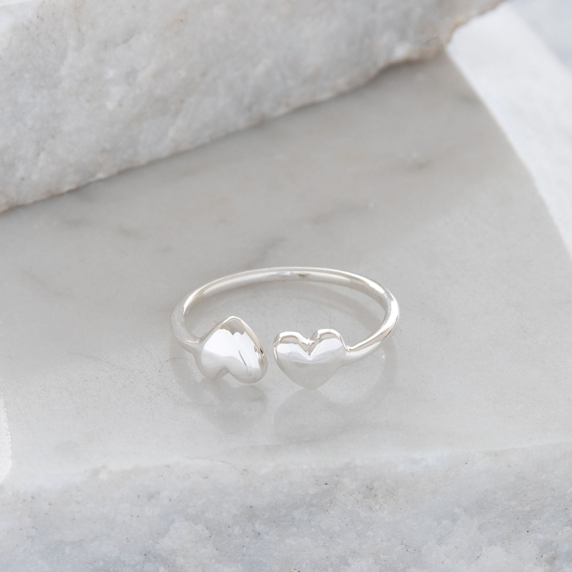 Adjustable Double Heart Charm Ring Sterling Silver