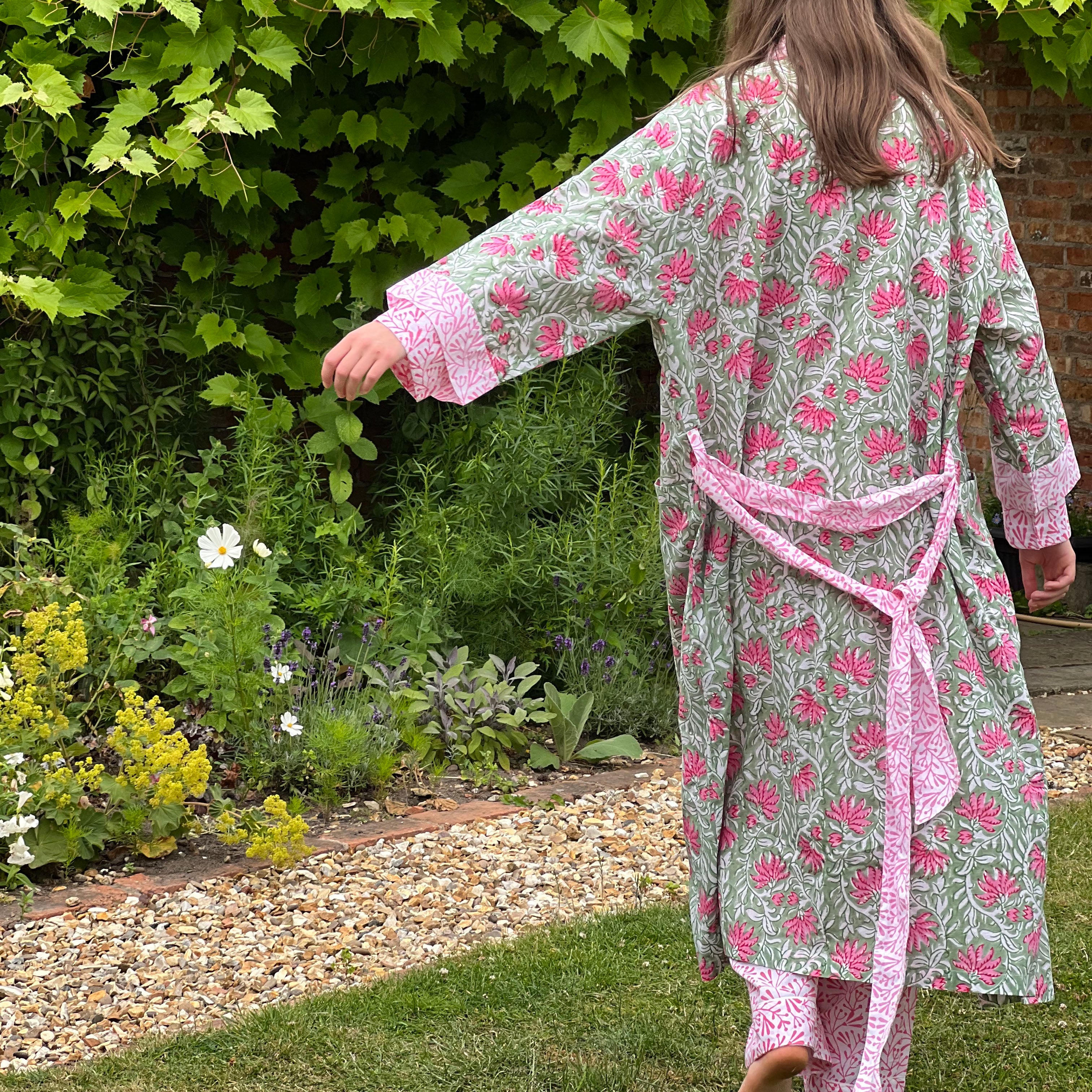 Pink and Green Jaipur Floral Cotton Full Length Kimono