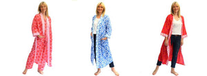 long kimono Blue floral and yellow silk like fabric 100% cotton 