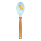 Spoon with blue handle and wooden handle on a white background
