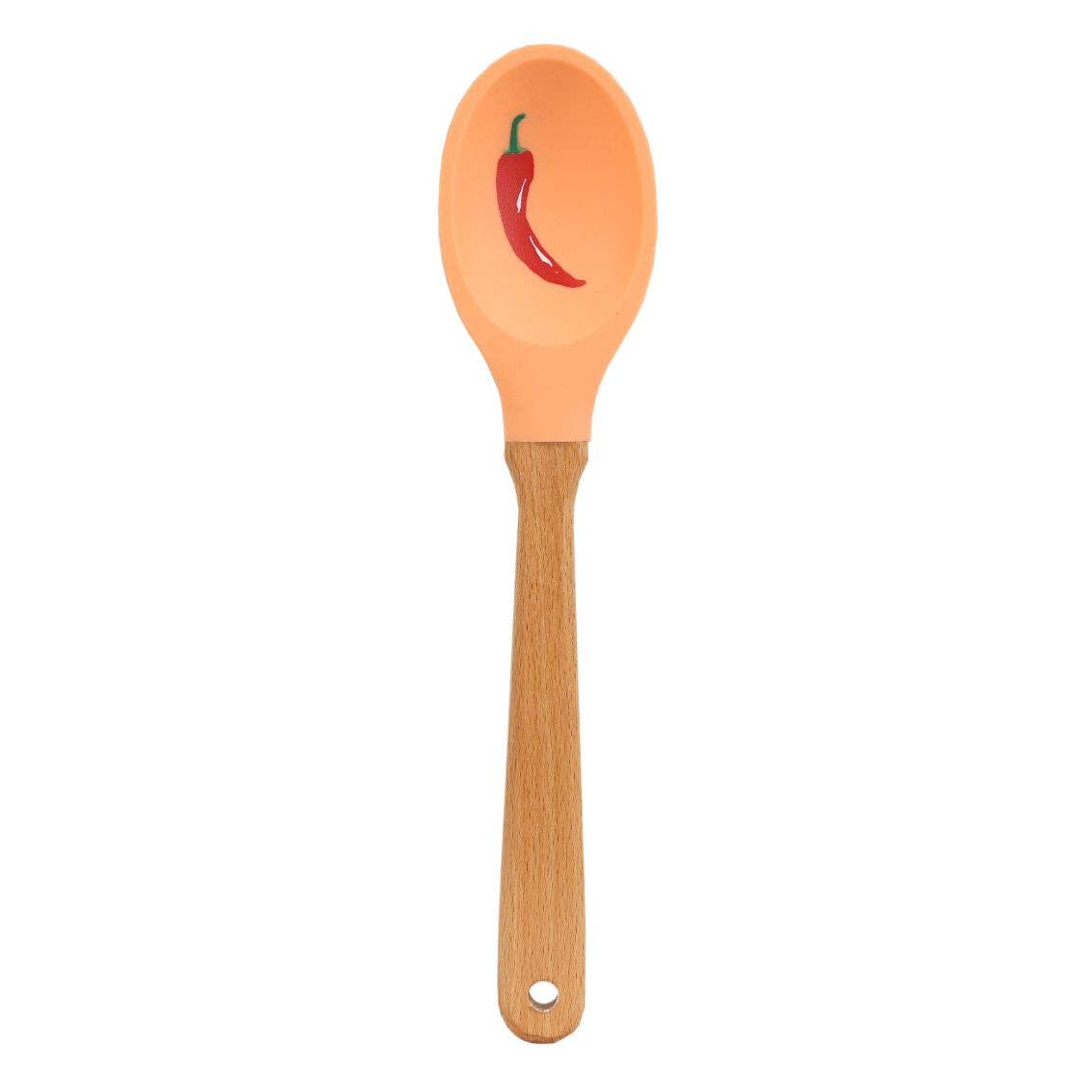 Spoon with wooden handle and orange spatula head featuring a red chili pepper design on a white background
