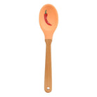 Spoon with wooden handle and orange spatula head featuring a red chili pepper design on a white background