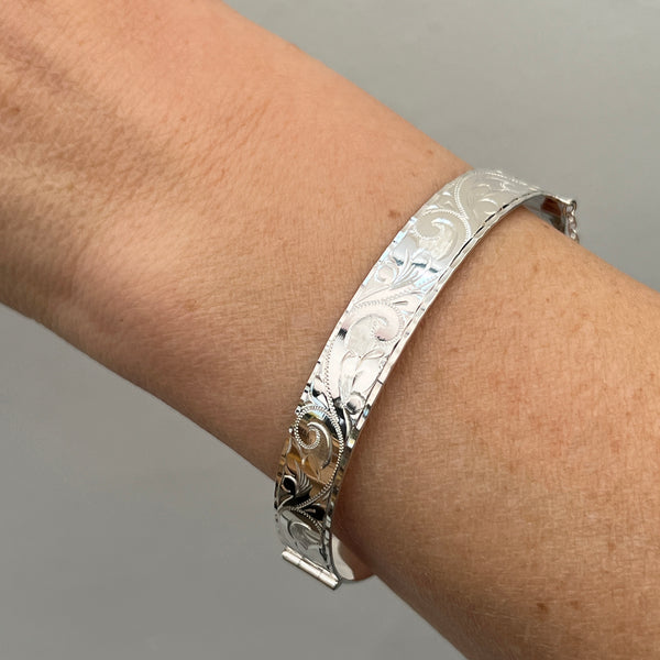 Hand Engraved Vintage Style Bangle Sterling Silver 10mm