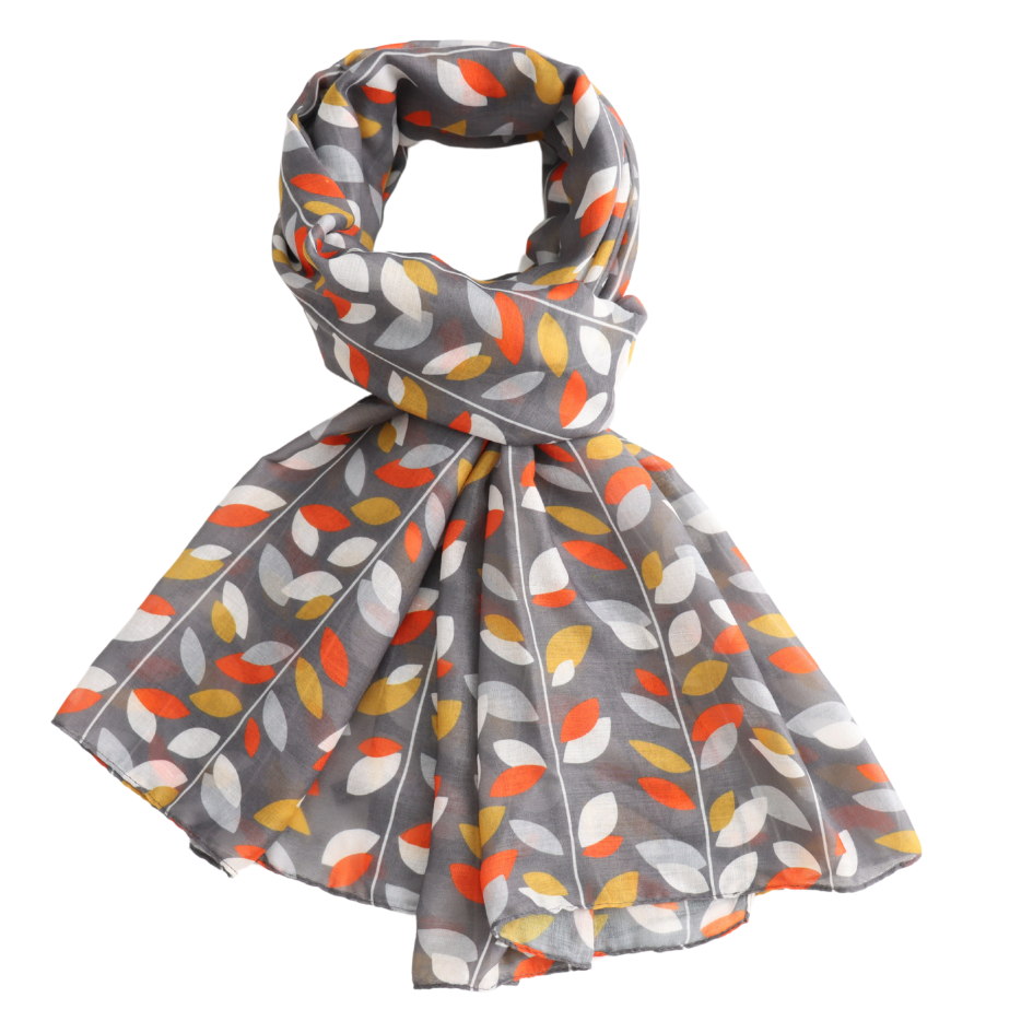 A lightweight gray scarf with an all-over pattern of stylized leaves in orange, yellow, white, and light gray, arranged in a loop on a plain white background.