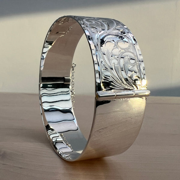 Hand Engraved Vintage Style Bangle Sterling Silver 19mm
