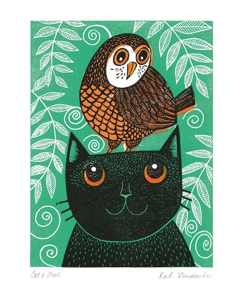 Illustration of a black cat with an owl on its head against a green background with leaf patterns.
