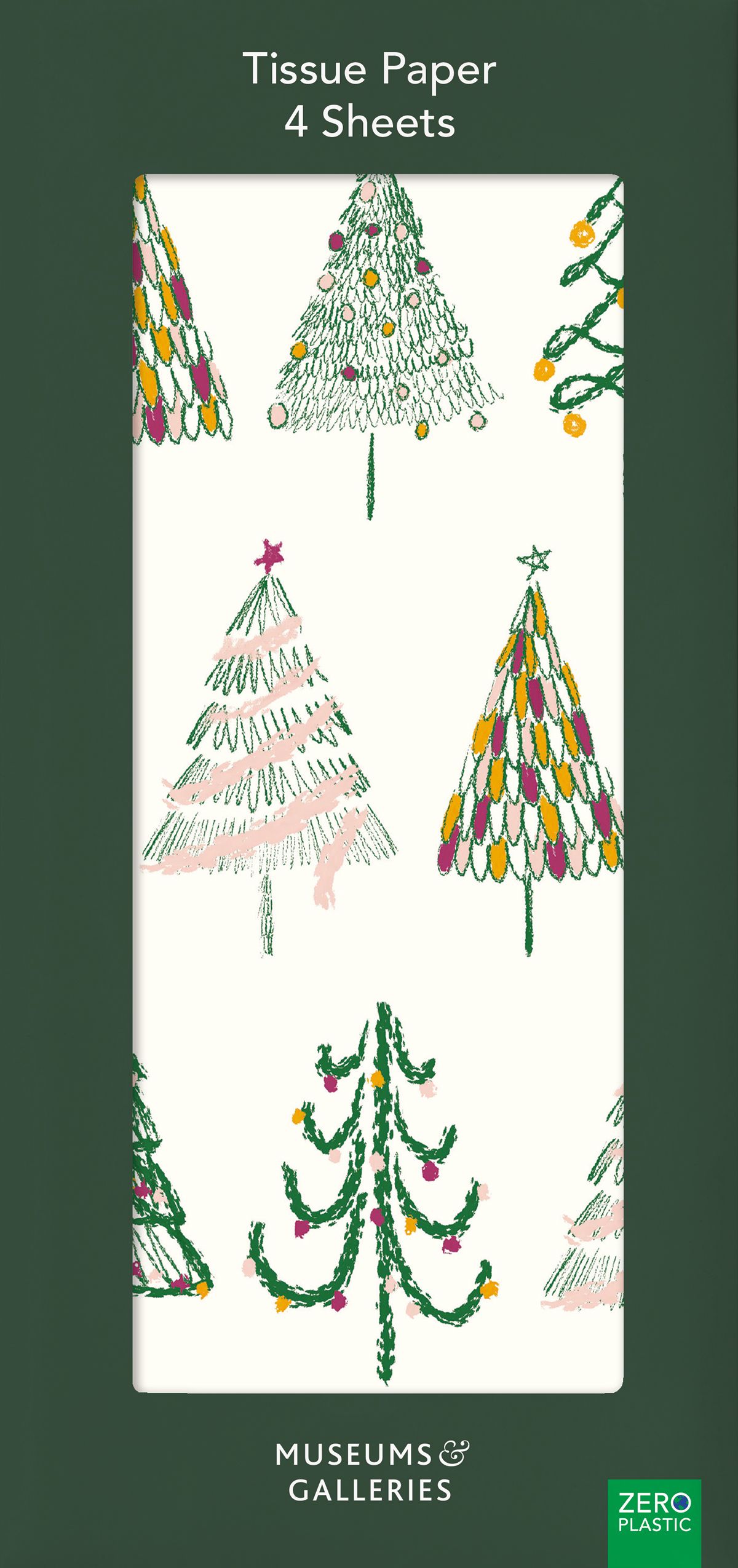 A pack of four tissue papers with a festive Christmas tree pattern, featuring green, pink, and yellow decorated trees on an off-white background, set against a dark green border with text reading 'Tissue Paper 4 Sheets' and 'Museums & Galleries'.