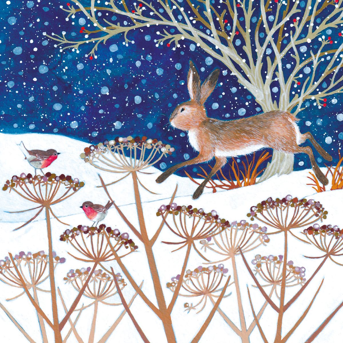 Winter scene with a rabbit, birds, and snowflakes on a blue background