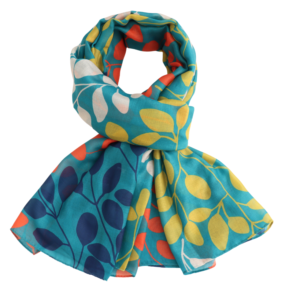 Colorful scarf with leaf pattern on a white background
